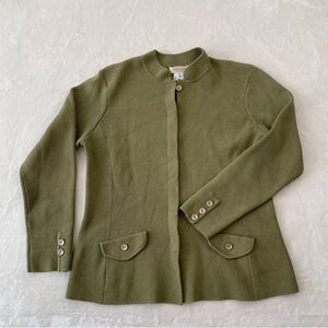 Talbots Cardigan Sz M Silk Interlock Blazer Sweater Mandarin Hidden Button Olive